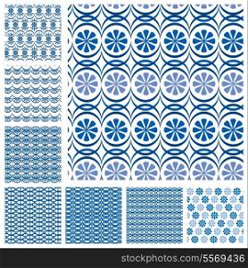 Set of seamless patterns - blue ceramic tiles with floral ornament - wall Vintage Background Collection. Ready to use as swatch