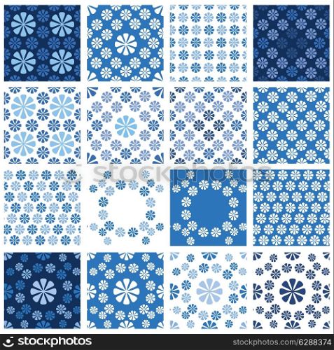 Set of seamless patterns - blue floral ornament