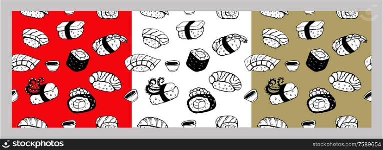 Set of seamless patterns. Sushi roll, black vector line drawing on red, white and gold background. Different sushi species: maki, nigiri, gunkan, temaki. Japanese food menu design elements.. Set of seamless patterns. Set of hand drawn different Japanese sushi and rolls. Vector illustration.