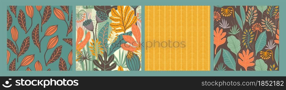 Set of seamless patterns with abstract leaves. Modern design for paper, cover, fabric, interior decor and other users.. Set of seamless patterns with abstract leaves. Modern design