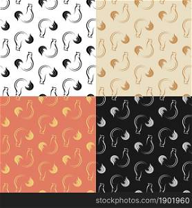 set of seamless patterns with Abstract rooster, chicken, cock male. Farm bird. Ornament for decoration and printing on fabric. Design element. Vector