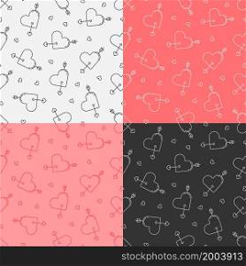 set of seamless patterns with Arrow pierced heart. Valentines day sivol, heart pierced by an arrow. Ornament for decoration and printing on fabric. Design element. Vector