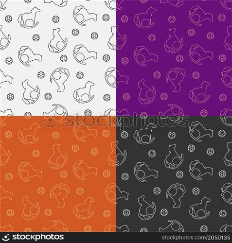 set of seamless patterns with Baby rocking horse. Wooden toy for children in kindergarten. Ornament for decoration and printing on fabric. Design element. Vector