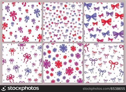 Set of Seamless Patterns with Bows Isolated.. Set of seamless patterns with bows isolated. Pussy color bright bowknots endless texture. Gift knots of ribbon in flat style design. Wide and thin decorative elements. Vector cartoon illustration