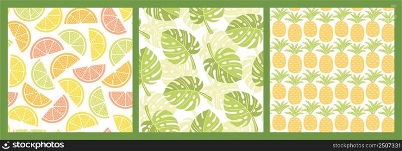 Set of seamless patterns with colorful fruits and monstera leaves for textile design. Summer background in bright colors. Hand-drawn trendy vector illustrations.