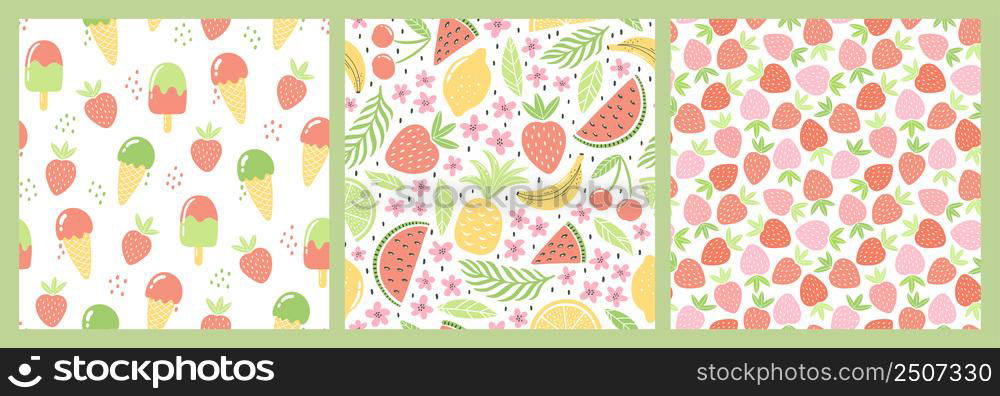 Set of seamless patterns with colorful fruits and sweets for textile design. Summer background in bright colors. Hand-drawn trendy vector illustrations.