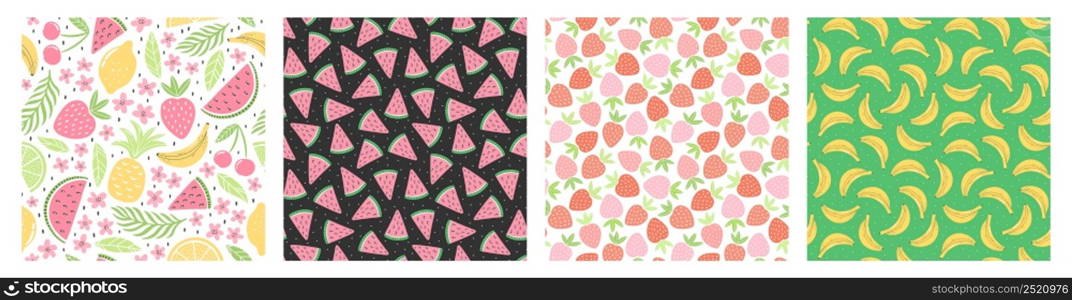 Set of seamless patterns with colorful fruits for textile design. Summer background in bright colors. Hand-drawn trendy vector illustrations.