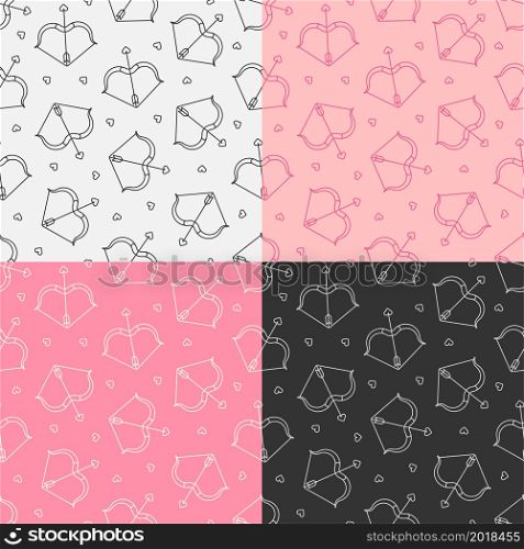 set of seamless patterns with Cupid bow with stretched title and arrow with heart shaped arrowhead. Valentines day. Ornament for decoration and printing on fabric. Design element. Vector