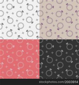 set of seamless patterns with Diamond ring with large gem. Expensive holiday gift for girl for her birthday or Valentines Day. Ornament for decoration and printing on fabric. Design element. Vector