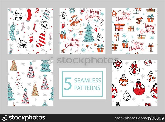 Set of seamless patterns with different Christmas elements on white background. Vector illustration. Winter Christmas concept. For design, print, decor, wallpaper, linen, dishes, textile. Seamless patterns set with different Christmas elements