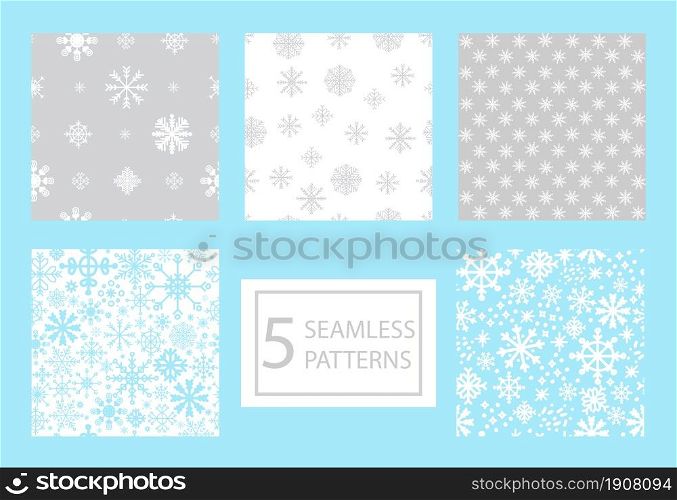 Set of seamless patterns with different snowflakes in white, gray, blue colors. Winter Christmas concept. Vector illustration. For design, print, decor, wallpaper, linen, dishes, textile. Vector set colorful seamless patterns different snowflakes