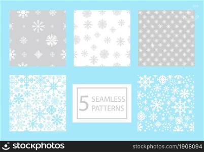 Set of seamless patterns with different snowflakes in white, gray, blue colors. Winter Christmas concept. Vector illustration. For design, print, decor, wallpaper, linen, dishes, textile. Vector set colorful seamless patterns different snowflakes