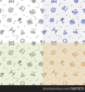 set of seamless patterns with doodle linear icons. Submarine, lifebuoy, buoy on waves, compass, map. Ornament for decoration and printing on fabric. Design element. Vector