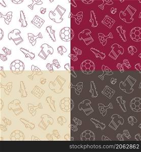 set of seamless patterns with elements of soccer equipment. Ammunition for classic football player. Ornament for decoration and printing on fabric. Design element. Vector
