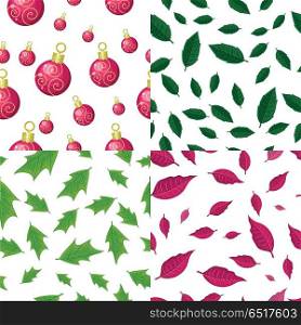 Set of seamless patterns with falling red, green leaves and christmas tree toys on white background. Flat style vector. For gift wrapping, greeting cards, invitations, printing materials design. Seamless Patterns with leaves and christmas toys. Seamless Patterns with leaves and christmas toys