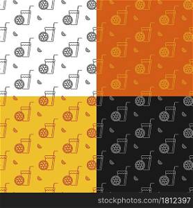 set of seamless patterns with Glass of refreshing citrus juice with straw and orange slice. Ornament for decoration and printing on fabric. Design element. Vector