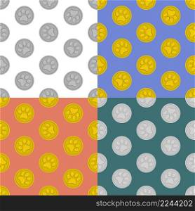 set of seamless patterns with gold medal and paw print for participation in animal competitions. Ornament for decoration and printing on fabric. Design element. Vector