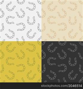 set of seamless patterns with horseshoe for horse. Symbol of good luck and happiness in culture. Ornament for decoration and printing on fabric. Design element. Vector
