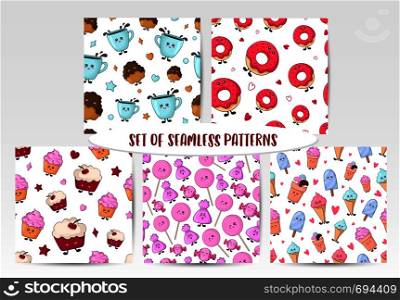 Set of seamless patterns with kawaii sweet food - cookies, cup of coffee, donuts on white background. Endless texture with cute cartoon sweets or dessers. Illustration for printing on textile, wrapper. Flat style. Kawaii Food Collection