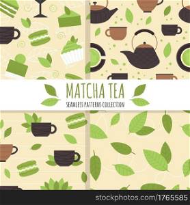 Set of seamless patterns with matcha tea elements. Traditional Japanese tea ceremony. Healthy lifestyle, harmony. An invigorating drink. Illustration in flat style