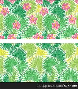 Set of seamless patterns with palm trees leaves and Frangipani flowers.