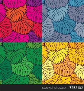 Set of seamless patterns with palm trees leaves in different colors.