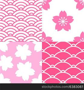 Set of seamless patterns with sakura and waves. Set of seamless patterns with sakura and waves.