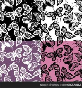 Set of seamless patterns with silhouette butterflies on color, white and black backgrounds.