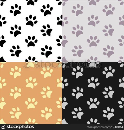 set of seamless patterns with Silhouettes of pads of the cat paws. Animal paw prints on ground. Ornament for decoration and printing on fabric. Design element. Vector