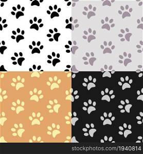 set of seamless patterns with Silhouettes of pads of the cat paws. Animal paw prints on ground. Ornament for decoration and printing on fabric. Design element. Vector