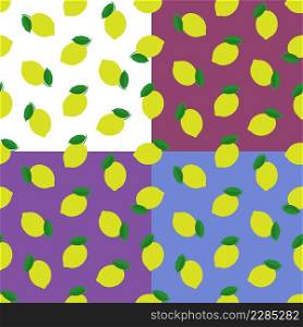set of seamless patterns with whole lemon and leaves. Harvesting citrus fruits. Ornament for decoration and printing on fabric. Design element. Vector