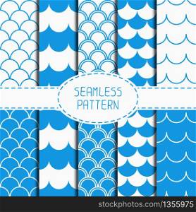 Set of seamless retro vintage blue marine geometric line pattern. Tiling. Collection of wrapping paper. Paper for scrapbook. Wave background. Stylish graphic texture for your design for wallpaper. Vector illustration.. Set of seamless retro vintage blue marine geometric line pattern. Tiling. Collection of wrapping paper. Paper for scrapbook. Wave background. Stylish graphic texture for your design for wallpaper. Beautiful vector illustration.