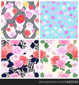 Set of seamless roses patterns. Flowers background. Decorative ornament backdrop for textile, wrapping paper, card, invitation, wallpaper, web design. Isolated flowers and leaves. Vector illustration.. Set of seamless roses patterns.Vector illustration.
