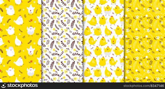 Set of seamless spring patterns with cute cartoon chickens and flowers. Vector illustration for spring holidays in hand-drawn style. Set of seamless spring patterns with cute cartoon chickens and flowers.