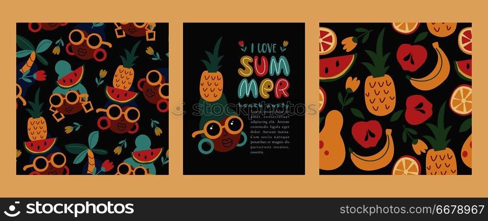 Set of seamless summer patterns. Vector templates with fun summer illustration. Design element for summer concept and other use.. I love summer. Vector templates with fun summer illustration. Design element for summer concept and other use.