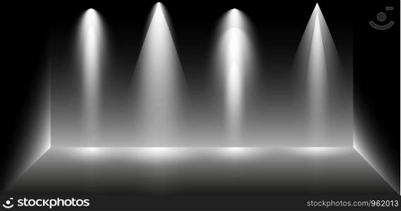 Set of searchlights on a black background. Bright lighting with spotlights. The searchlight is white. Set of searchlights on a black background. Bright lighting with spotlights. The searchlight is white.
