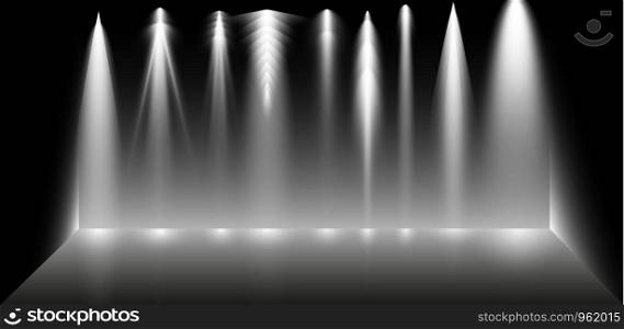Set of searchlights on a black background. Bright lighting with spotlights. The searchlight is white. Set of searchlights on a black background. Bright lighting with spotlights. The searchlight is white.