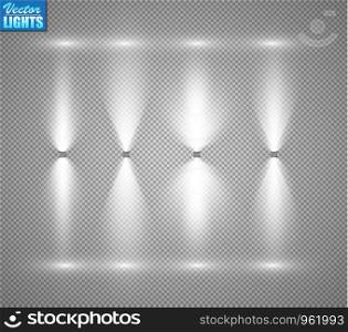 Set of searchlights on a transparent background. Bright lighting with spotlights. The searchlight is white. Set of searchlights on a transparent background. Bright lighting with spotlights. The searchlight is white.