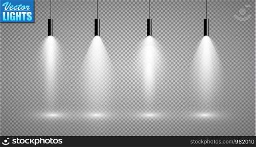 Set of searchlights on a transparent background. Bright lighting with spotlights. The searchlight is white. Set of searchlights on a transparent background. Bright lighting with spotlights. The searchlight is white.