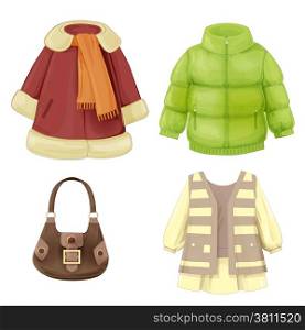 set of seasonal clothes for girls. Coat, dress, padded parka and bag.