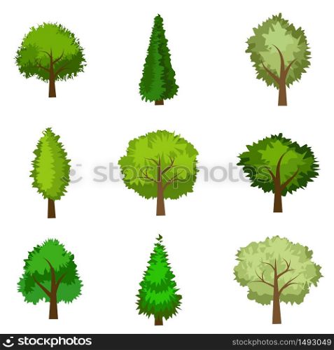 Set of seasoned trees. Flat cartoon style, isolated objects to use as elements in landscape scene. Vector illustration
