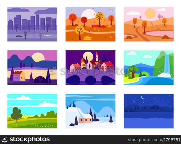 Set of seasons landscapes winter, spring, summer, autumn. Rural, mountaines, field, city, sea, snow, hot, rain, night. Vector minimalistic flat illustration isolated. Set of seasons landscapes winter, spring, summer, autumn. Rural, mountaines, field, city, sea, snow, hot, rain, night. Vector minimalistic flat illustration