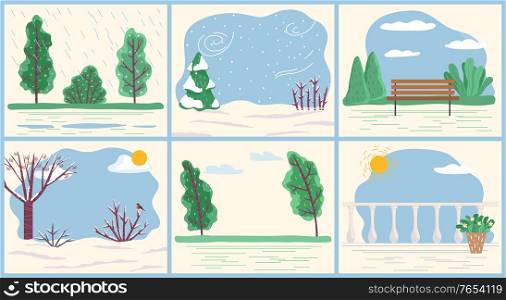 Set of seasons with bad or good weather conditions. Winter with blizzards and snowfalls. Summer with heat, spring with winds. Collection of landscapes or forests with trees and pines, vector in flat. Seasonal Weather and Climate Conditions Collection