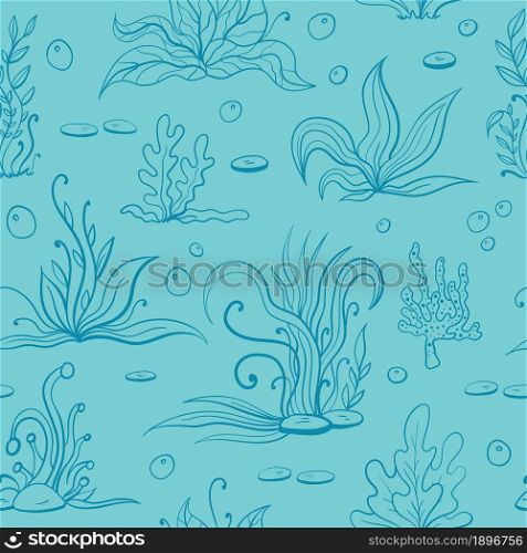 Set of seaweeds and marine plants. Seamless pattern of algae, leaves, coral. Vintage style drawn marine flora. Blue background vector illustration.Design for summer beach, decorations.