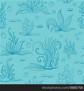Set of seaweeds and marine plants. Seamless pattern of algae, leaves, coral. Vintage style drawn marine flora. Blue background vector illustration.Design for summer beach, decorations.