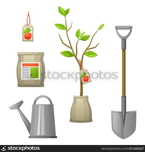 Set of seedling fruit tree,shovel, fertilizers and watering can. Illustration for agricultural booklets, flyers garden.