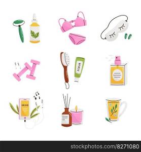 Set of Self care elements for staying happy and healthy. Flat vector hand drawn illustrations isolated on white background