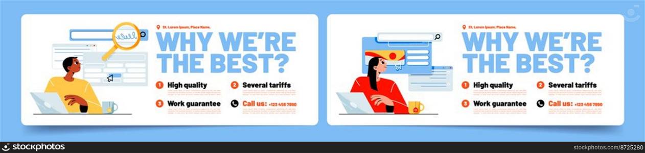 Set of SEO agency banner templates. Vector illustration of flat male, female characters working on laptop, looking at search engine web page, selecting keywords, analyzing data. High quality services. Set of SEO agency banner templates, vector