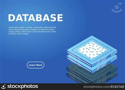 Set of server room icons, data center and database, futuristic data processing, cloud storage isometric vector dark background