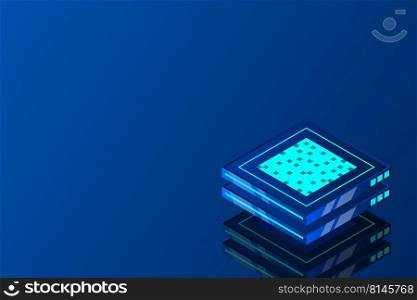 Set of server room icons, data center and database, futuristic data processing, cloud storage isometric vector dark background